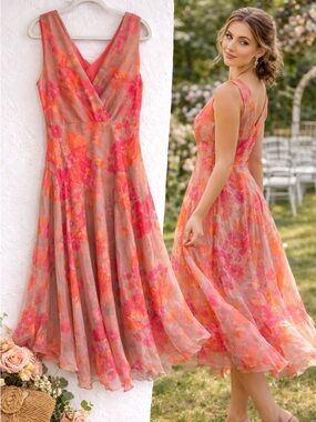 Chris McLaughlin Coral Pink Floral Dress Size 16 Sheer Overlay Wedding Guest